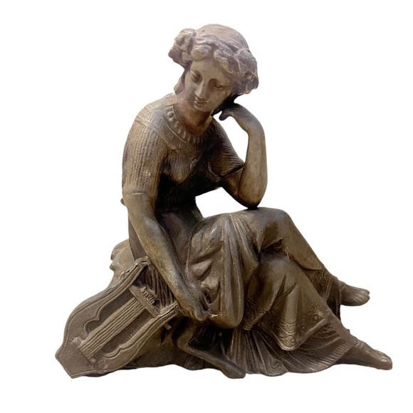 Cast Metal Art Nouveau Statue of Woman with A Lyre Metal Alloy Harp Collectible - Picture 3 of 10